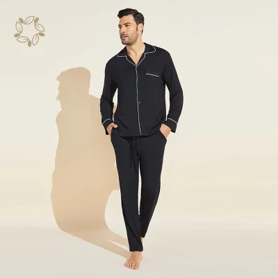 Conjunto de pijama longo de algodão de bambu orgânico, loungewear masculino de bambu sustentável, pijama ecológico masculino, conjunto de pijama de algodão de bambu