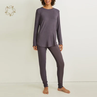 Pijamas de nervuras de algodão de bambu orgânico Eco Friendly Pijamas femininos Sustentáveis ​​Lounge Wear Pijamas femininos Fatos de dormir